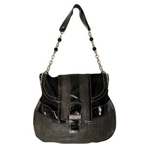 White House Black Market Hobo Chain Satchel Black Shoulder Bag WovenCanvas Vinyl